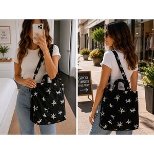 BAGGU Daisy Print Canvas Tote Crossbody Bag Black White Floral Adjustable Boho